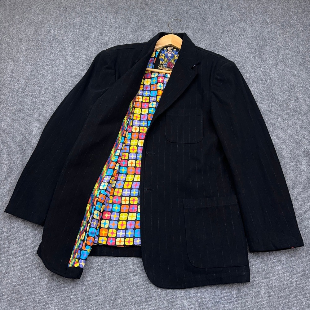Robert Graham Sport Coat Mens XL Black Pinstripe Guitar Print Silk Lining Blazer